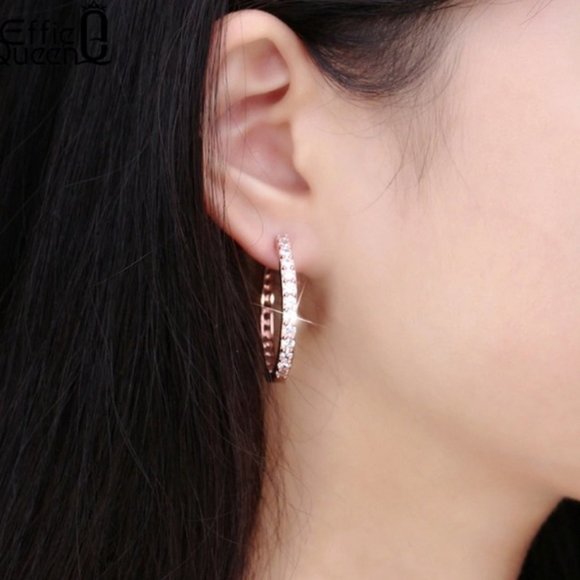 NEW 18K Rose Gold 1.25'' Diamond Hoop Earrings - Picture 2 of 3